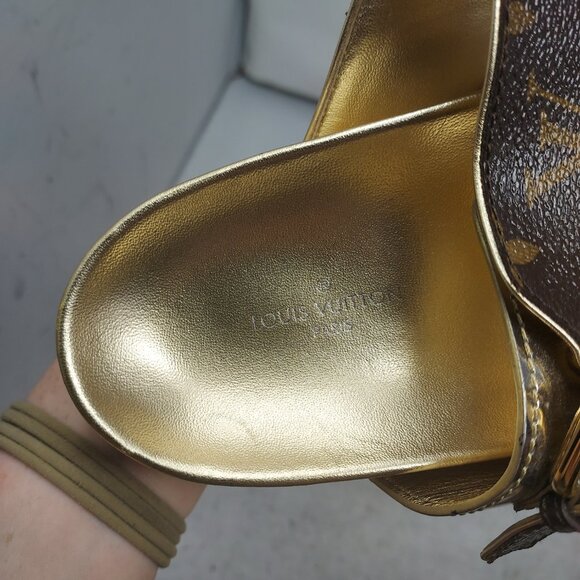 Louis Vuitton Brown Gold Buckle Bom Dia Monogram Flat Slide Sandals - Picture 8 of 16